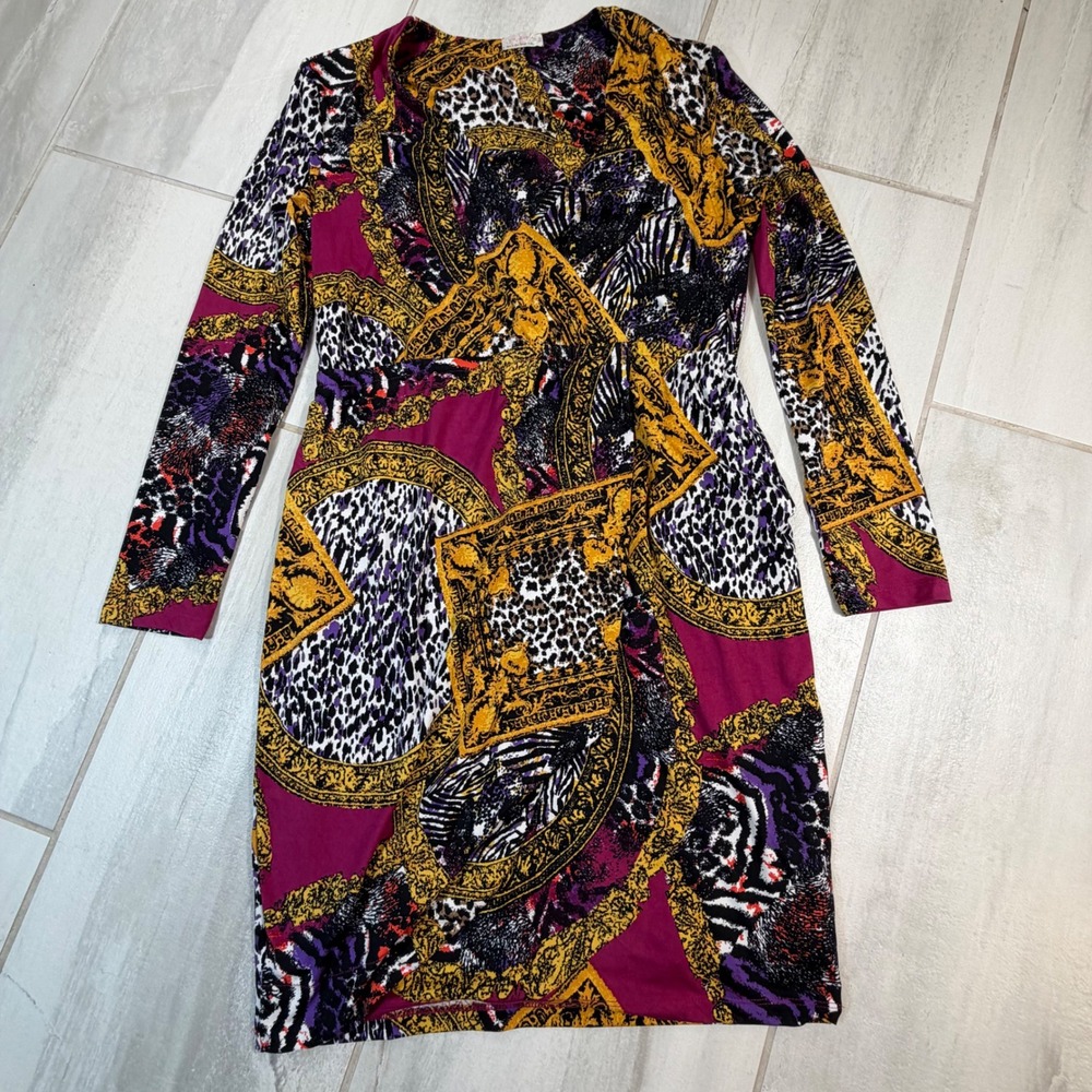 Free People Magenta Gold Animal Baroque Scarf Print Faux Wrap Mini Dress 10